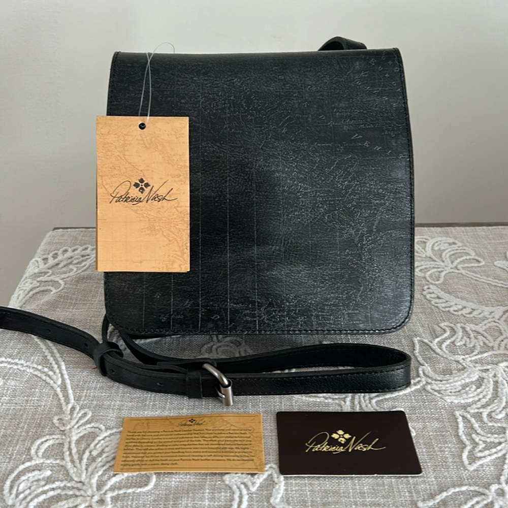 Patricia Nash NWT Granada Metallic Black Pewter Embossed Map Leather Crossbody - Picture 1 of 14